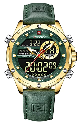 NAVIFORCE メンズミリタリーデジタルウォッチ 日本製クォーツムーブメント アナログクォーツ 防水ウォッチ スポーツ 多機能 レザー腕時計 (ゴールドグリーン), ゴールドグリーン。, デジタル、クォーツムーブメント。